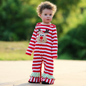 Baby/Toddler Girls Boutique Christmas Reindeer Red Striped Romper