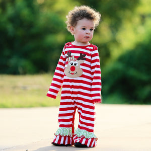 Baby/Toddler Girls Boutique Christmas Reindeer Red Striped Romper