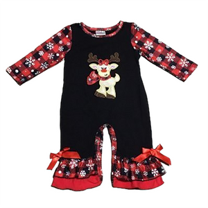 Baby Girls Christmas Plaid Reindeer Snowflakes Holiday Romper-0