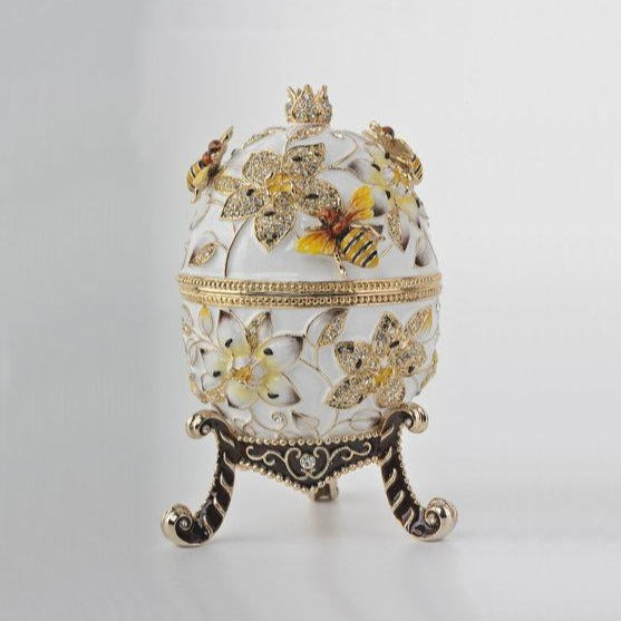 White Faberge Egg with Bees and Flowers-0