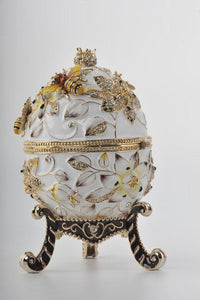 White Faberge Egg with Bees and Flowers-1