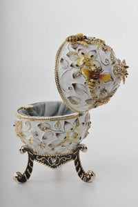 White Faberge Egg with Bees and Flowers-4