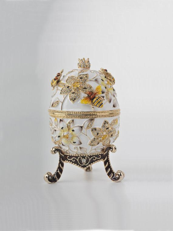 White Faberge Egg with Bees and Flowers-6