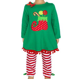 LTD Girls Christmas Holiday Elf Stocking Top & Stripe Pants Outfit Set