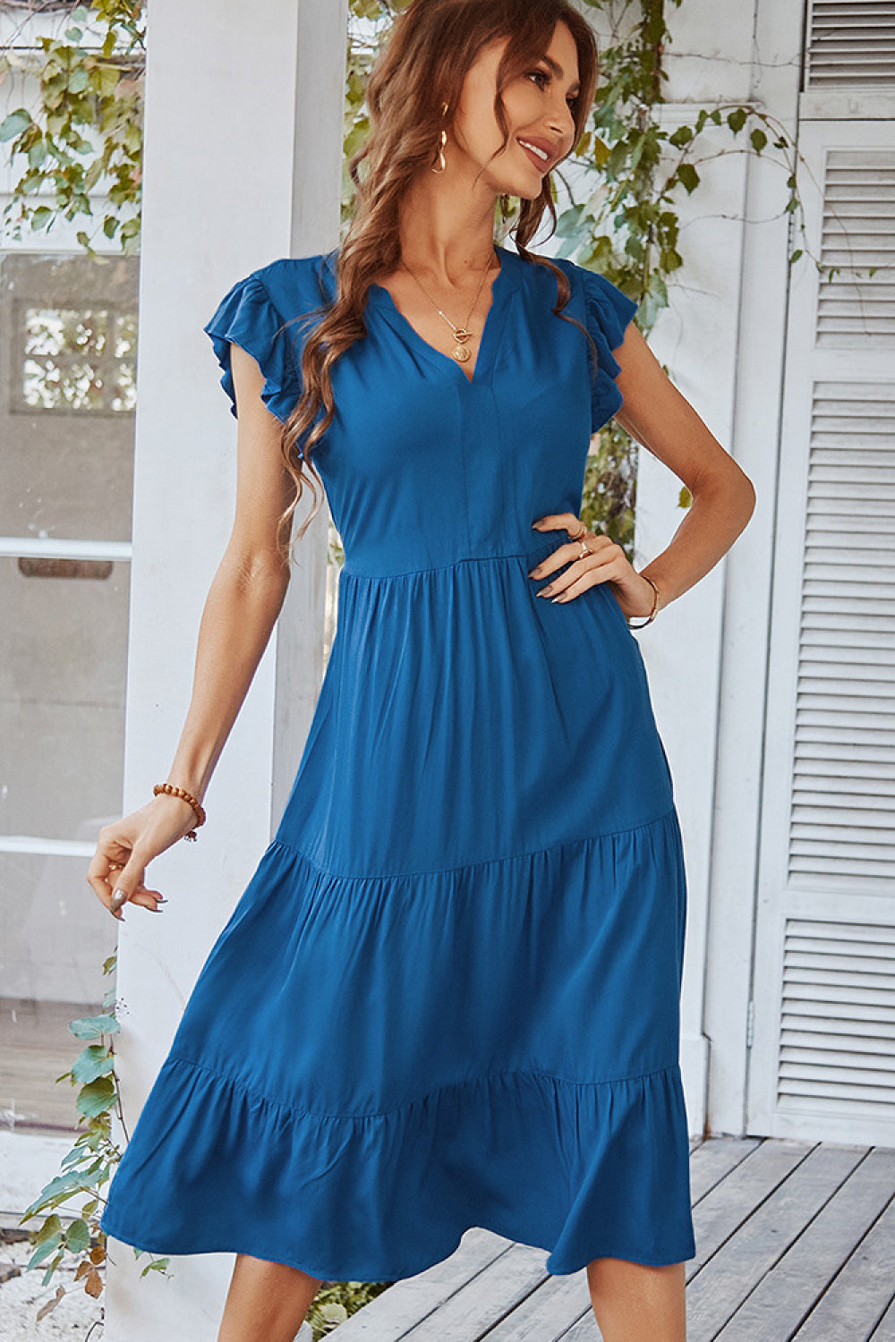 Flutter Sleeve Tiered Midi Dress