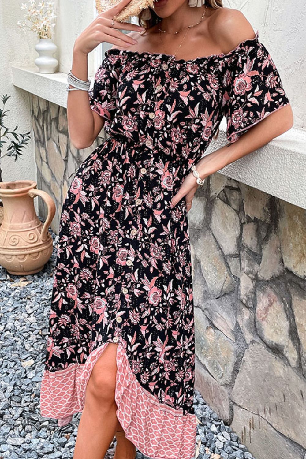 Mixed Print Button Front Off-Shoulder Tulip Hem Dress