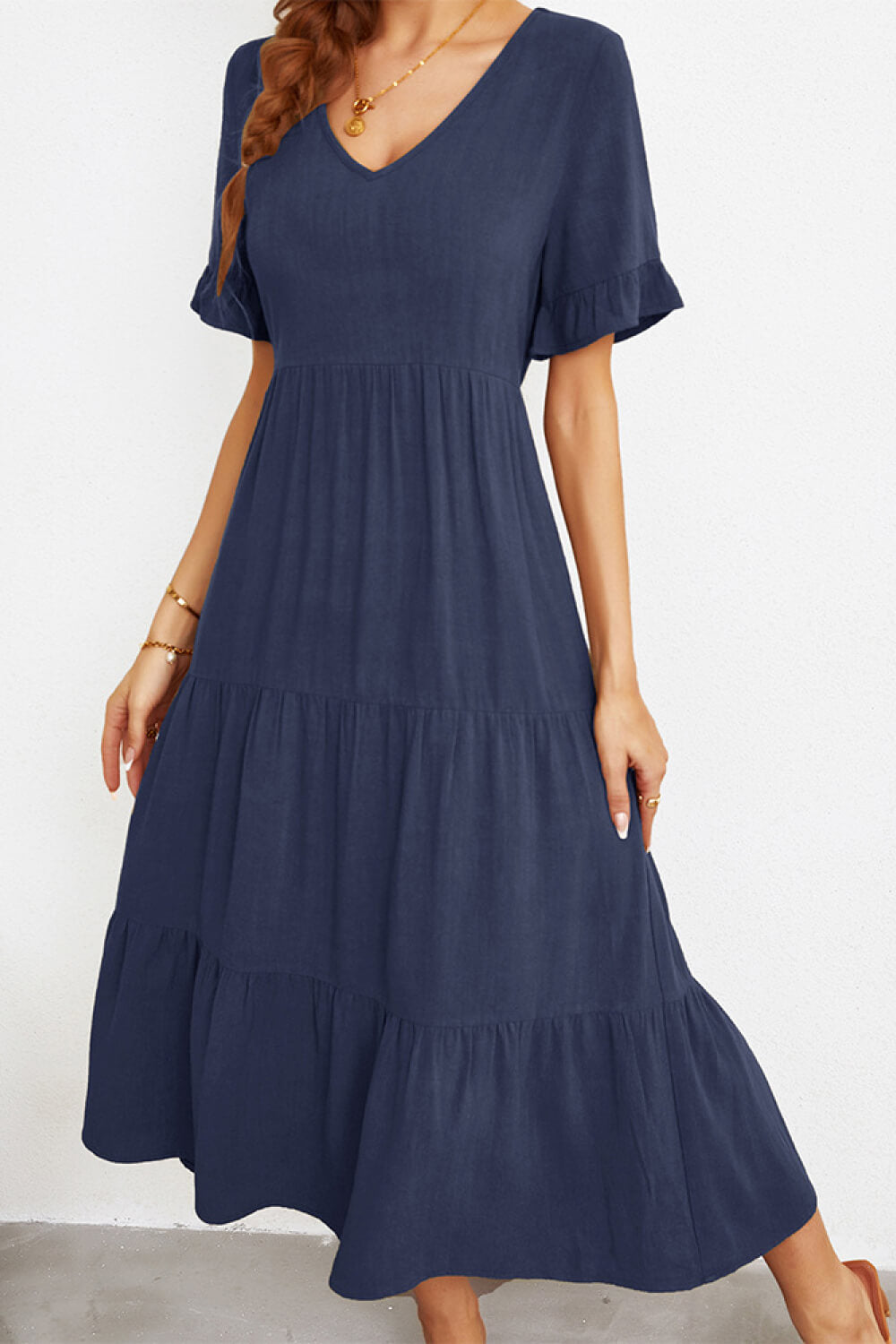 Short Sleeve V-Neck Tiered  Dress