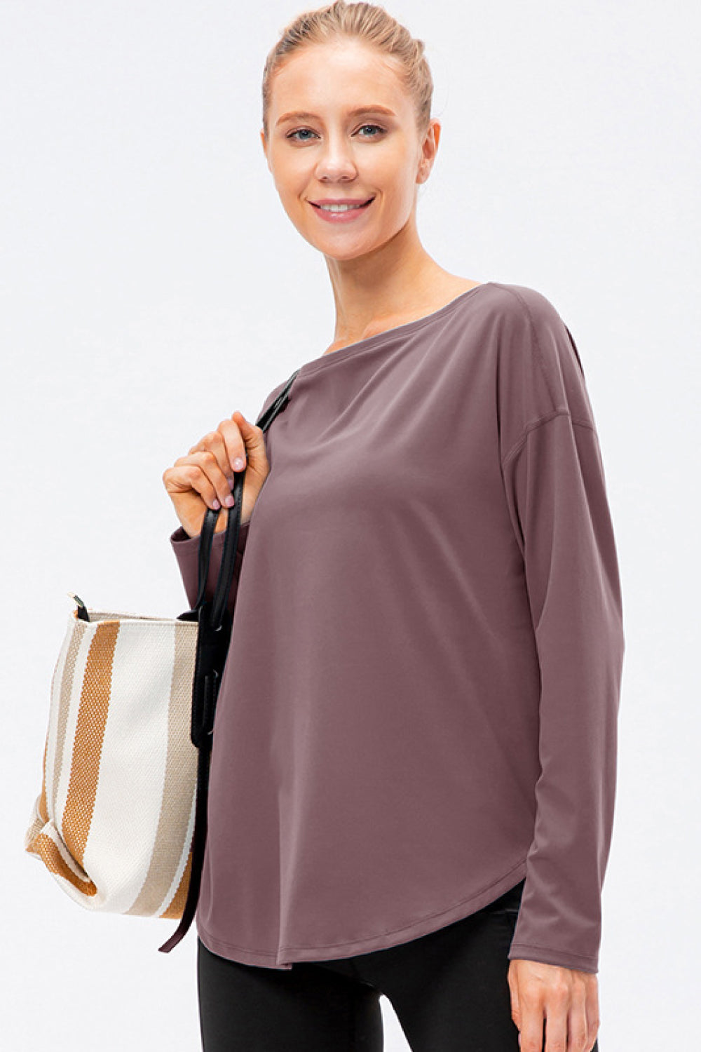 Exposed Seam Boat Neck Long Sleeve Yoga Tee