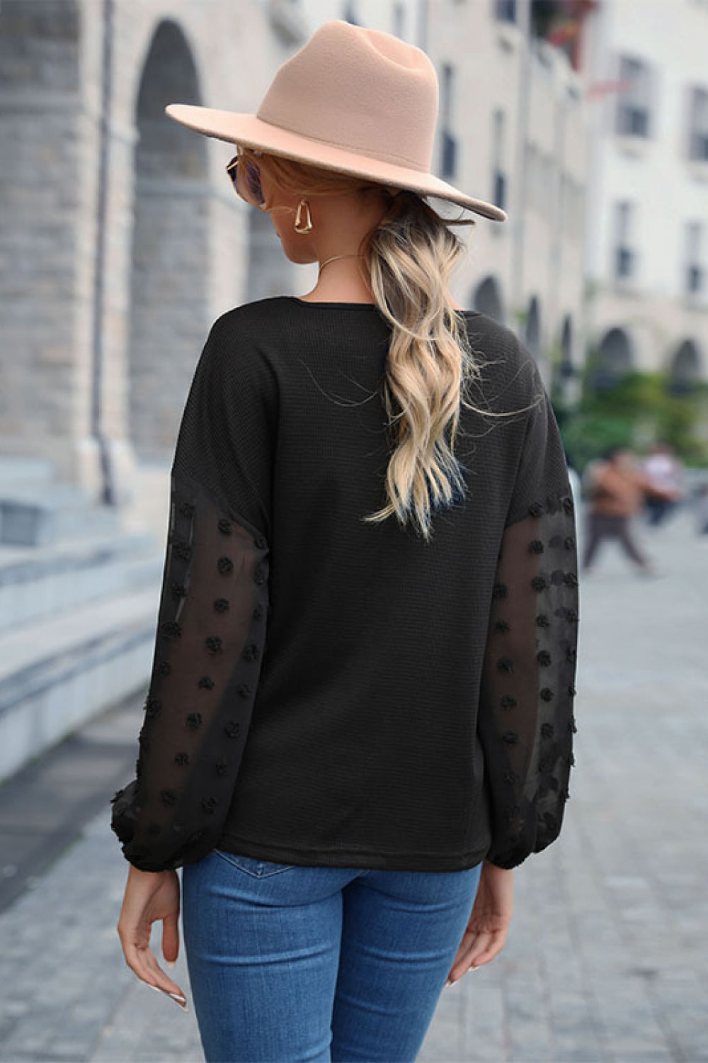 Swiss Dot Mesh Balloon Sleeve Blouse