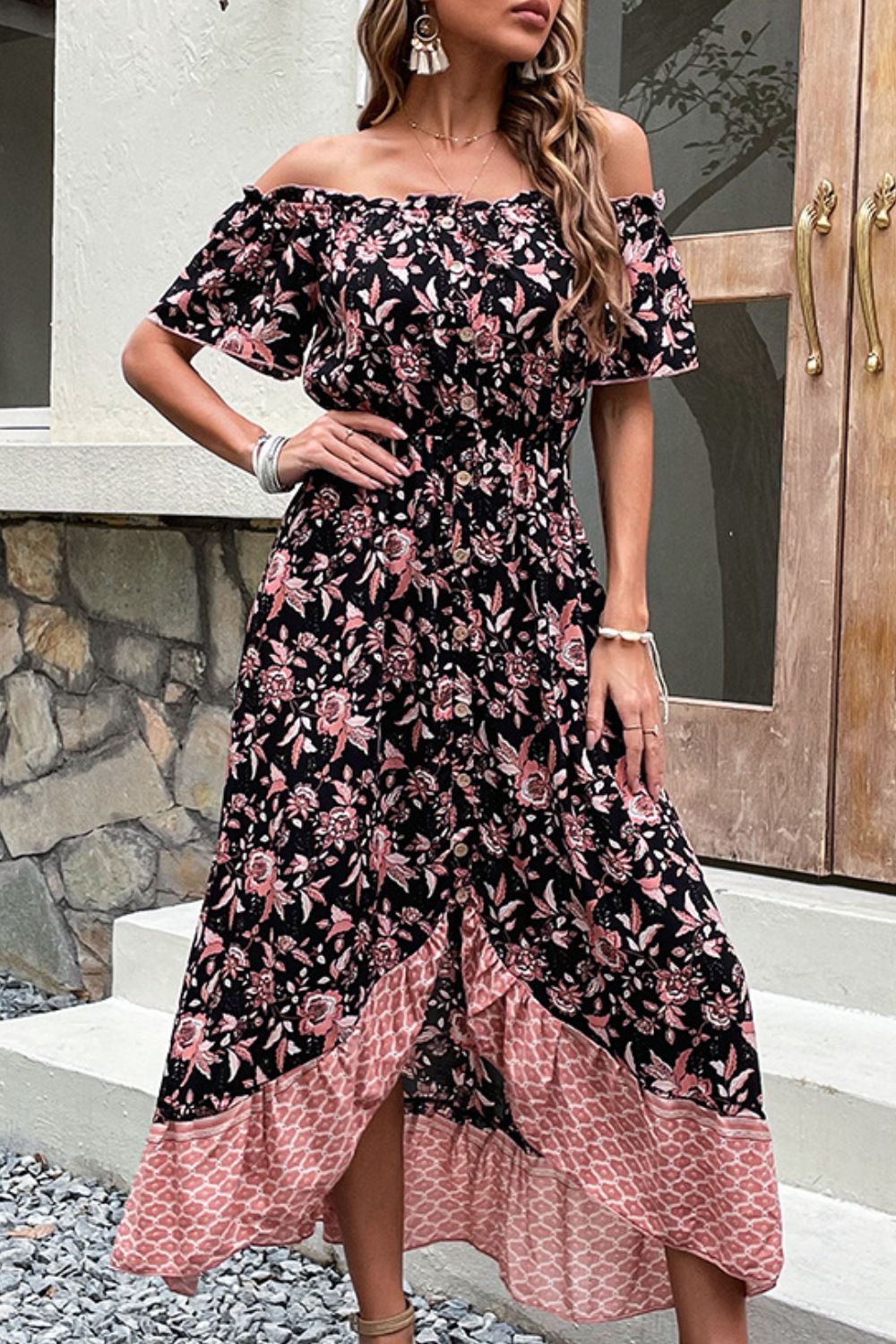 Mixed Print Button Front Off-Shoulder Tulip Hem Dress