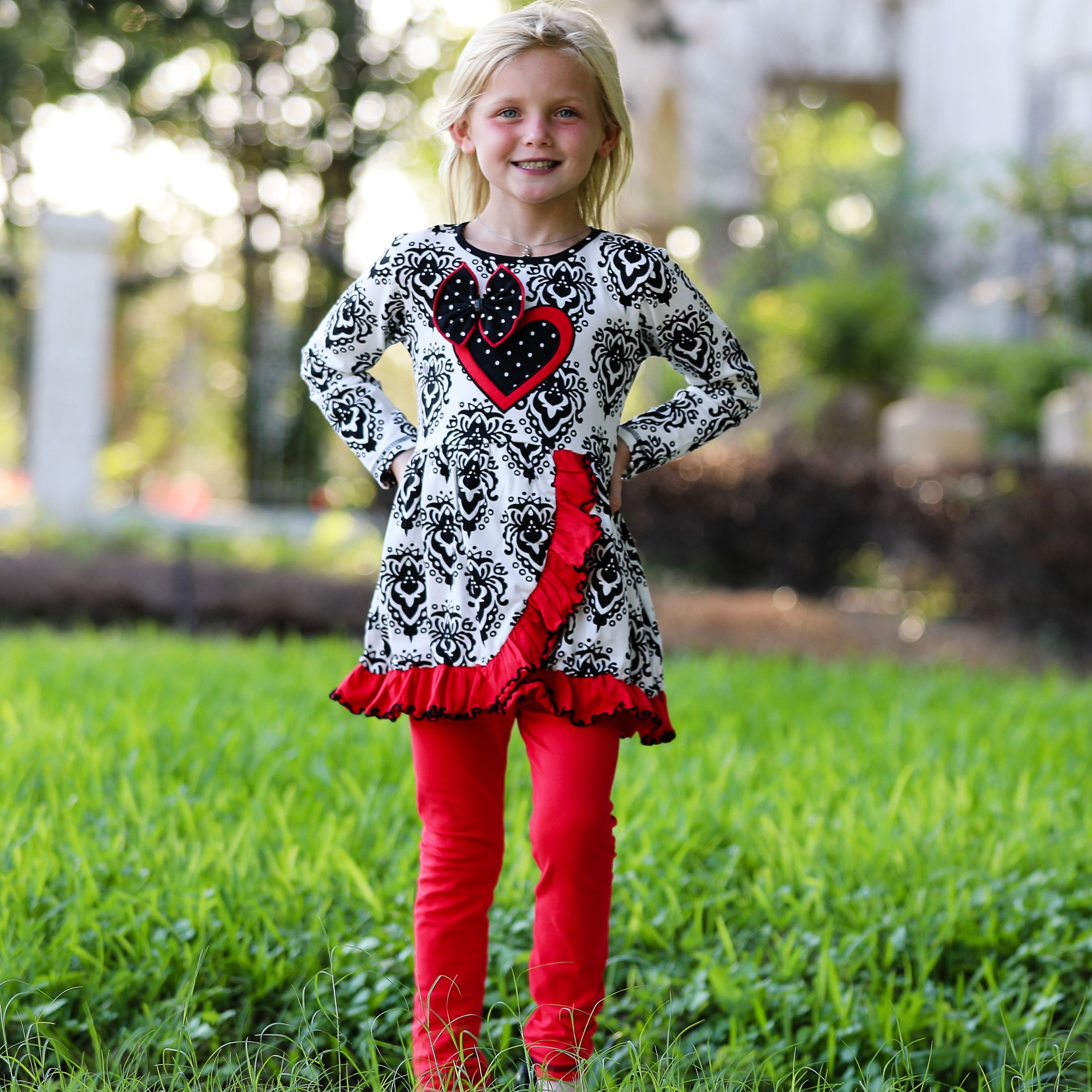 Girls Winter Damask Valentine's Heart Holiday Dress Tunic & Leggings Set sz 2/3T-9/10