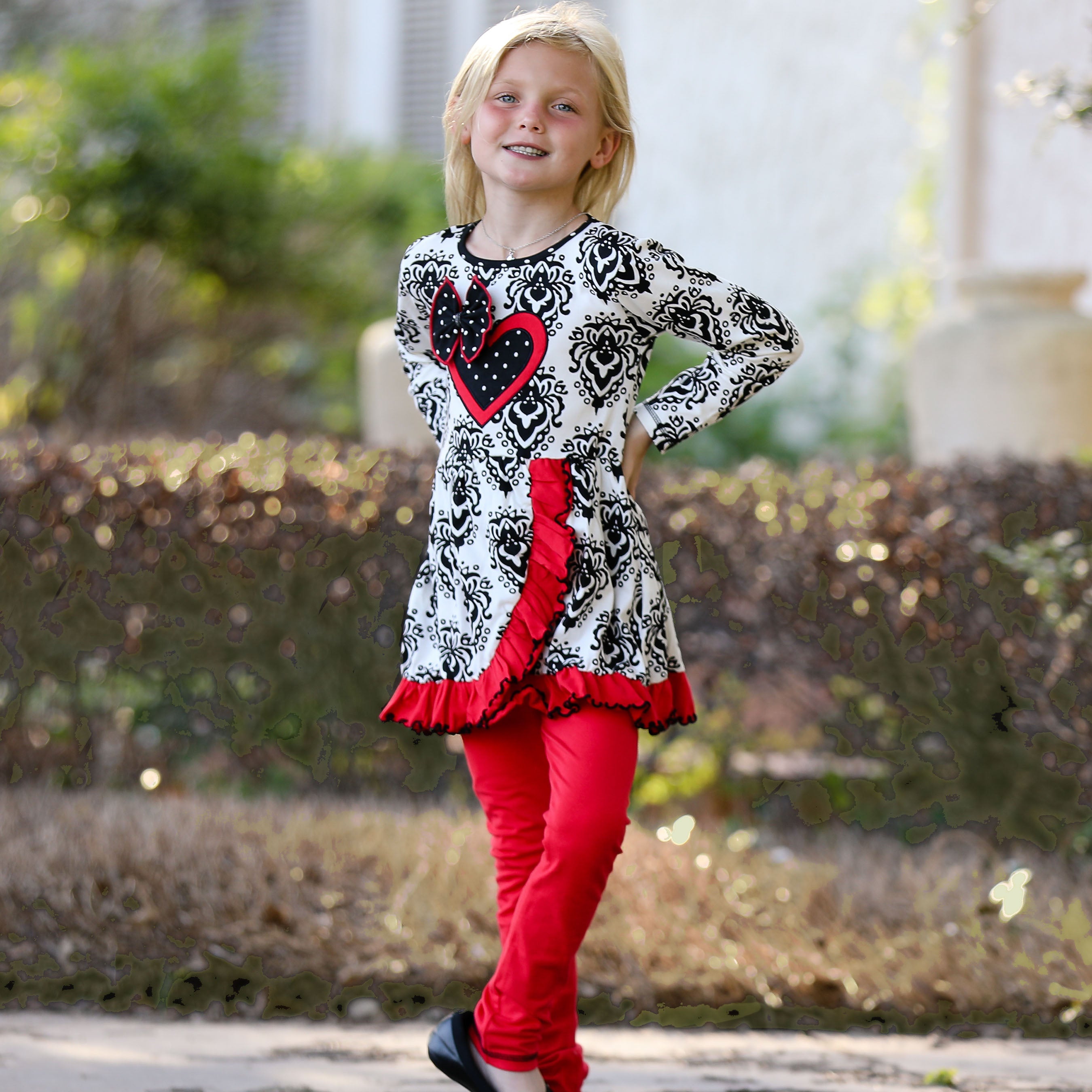 Girls Winter Damask Valentine's Heart Holiday Dress Tunic & Leggings Set sz 2/3T-9/10