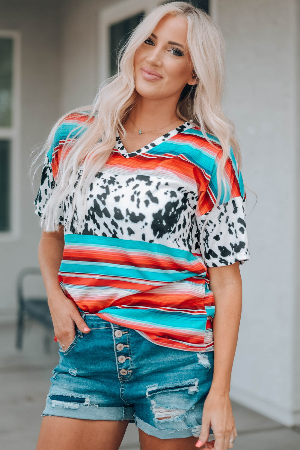 Mixed Print V-Neck Tee Shirt - 99fab 