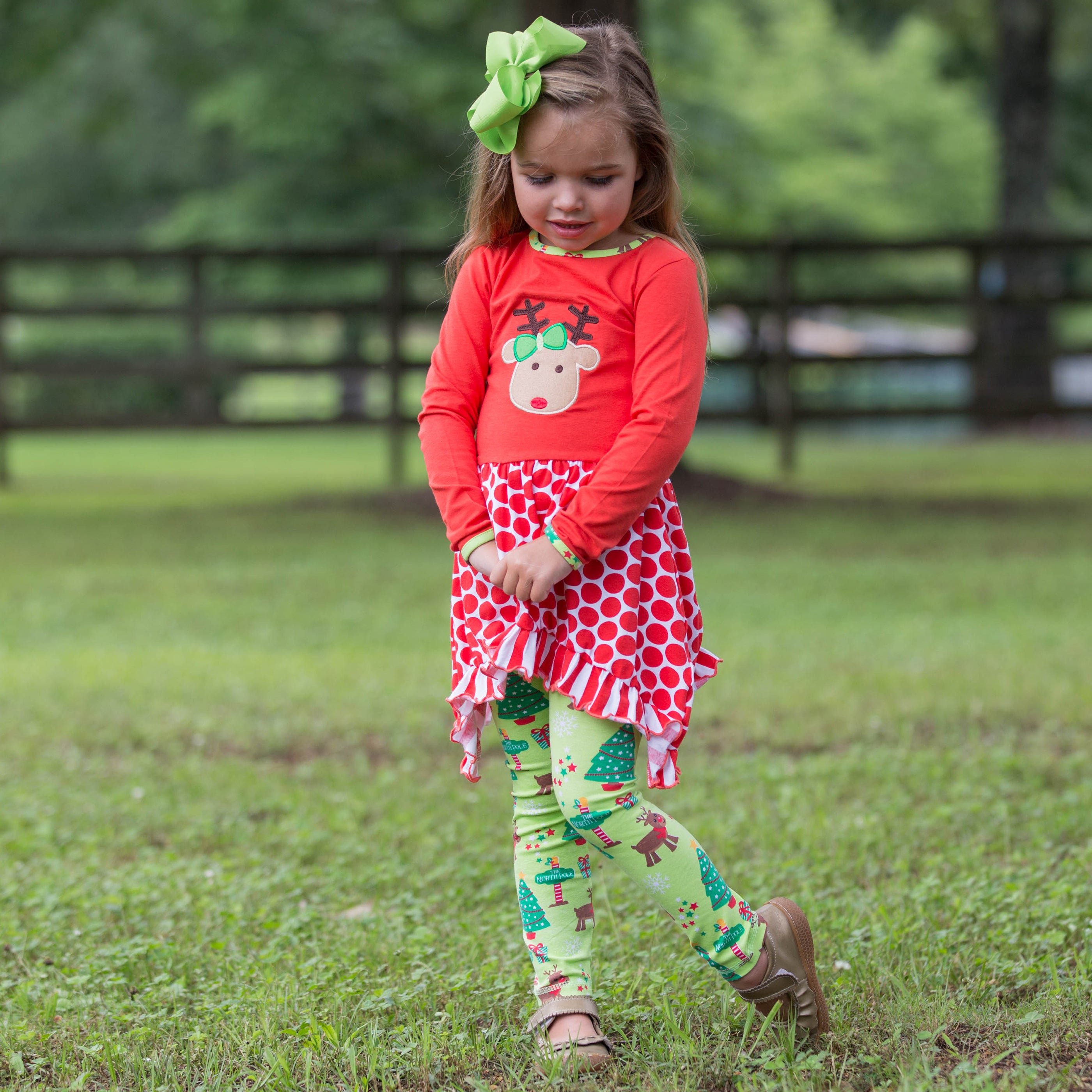 Girls Christmas Reindeer Tunic and Holiday Legging Set