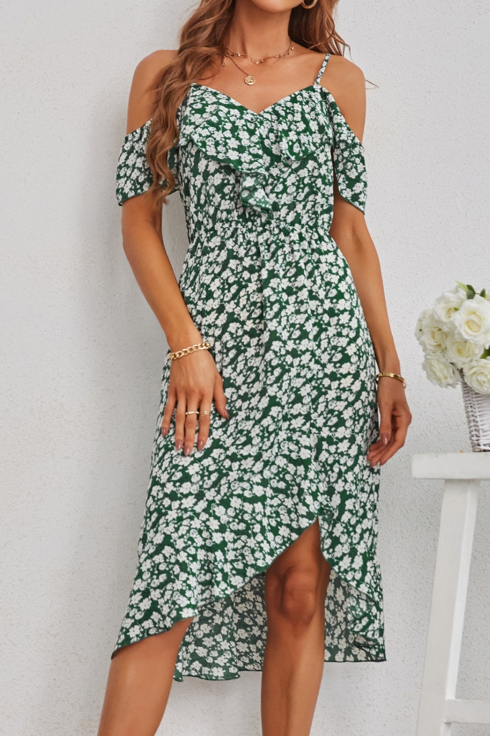 Ditsy Floral Cold Shoulder Ruffled Dress