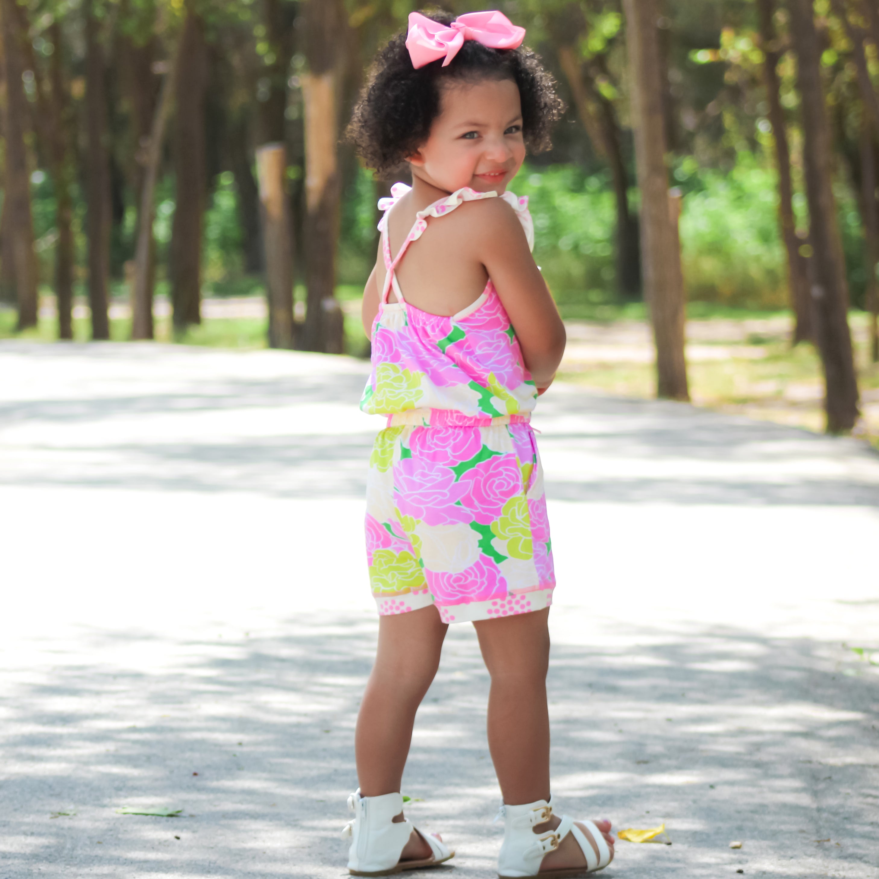 Big Little Girls Pink Bloom Floral Polka Dots Shorts Jumpsuit Summer One Piece Outfit