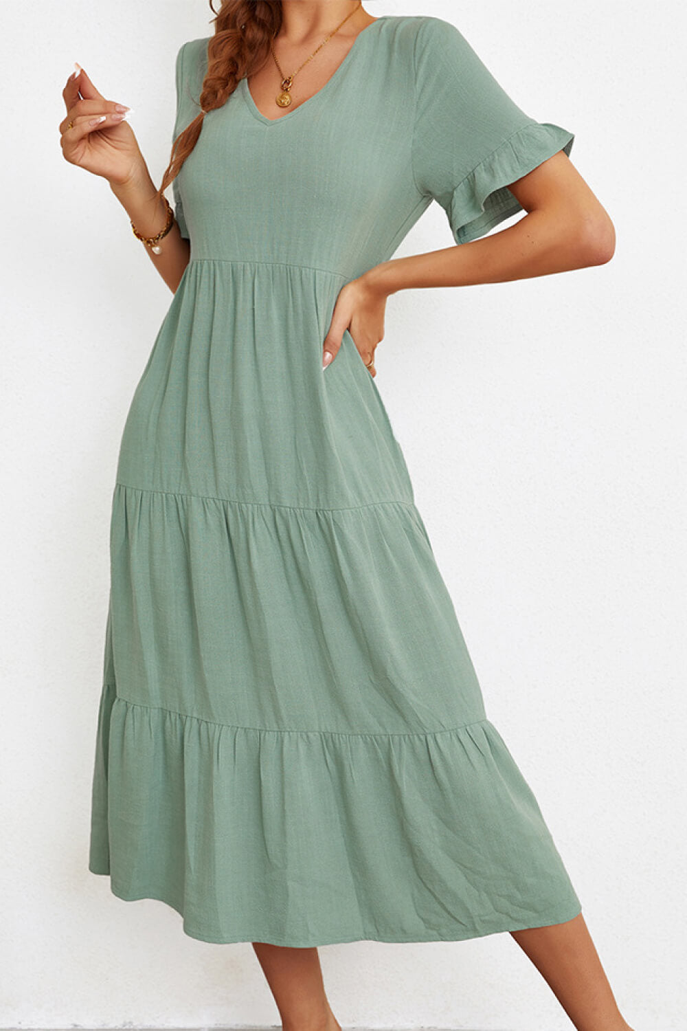 Short Sleeve V-Neck Tiered  Dress