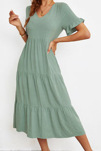 Short Sleeve V-Neck Tiered  Dress