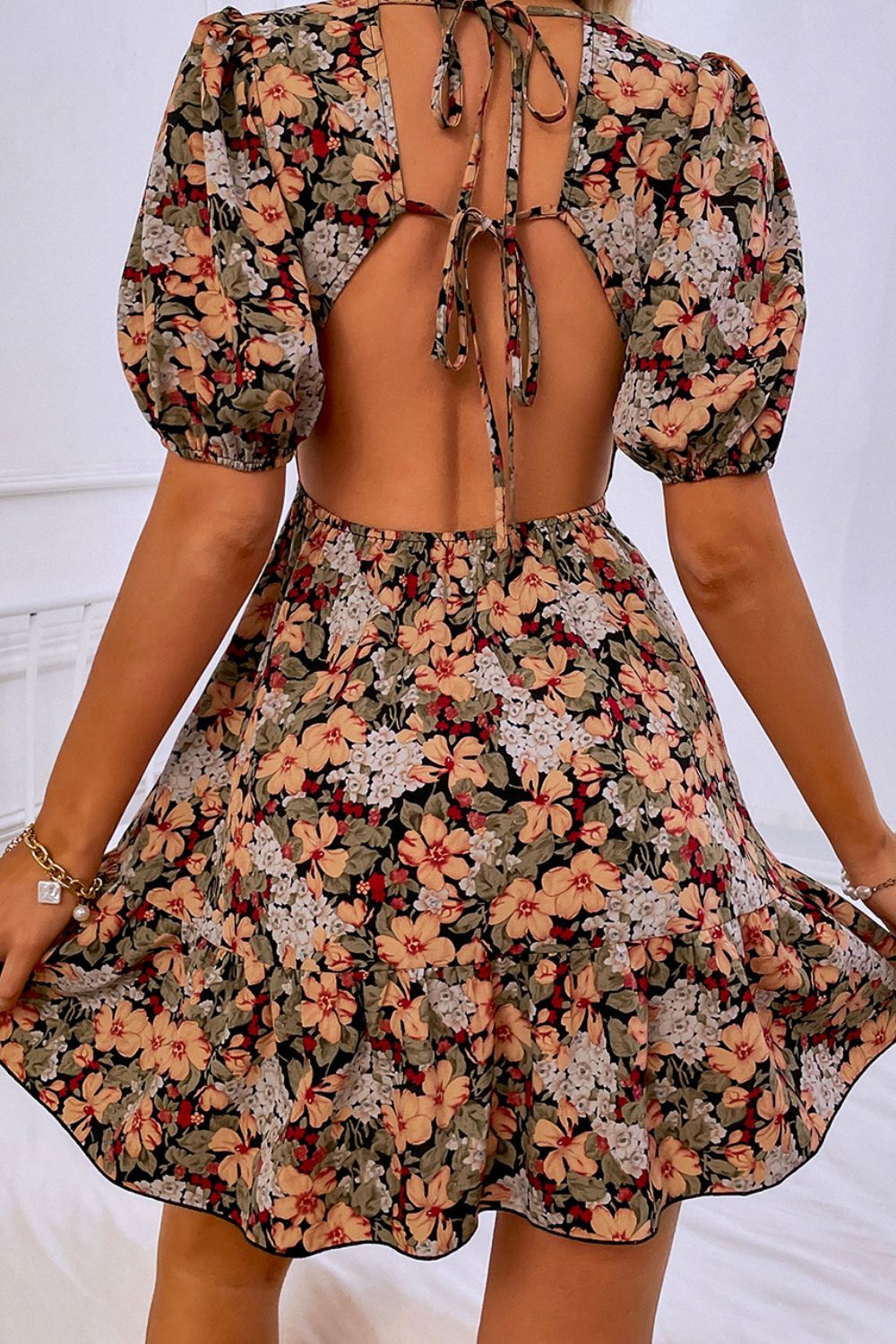 Floral Puff Sleeve Tie Back Dress