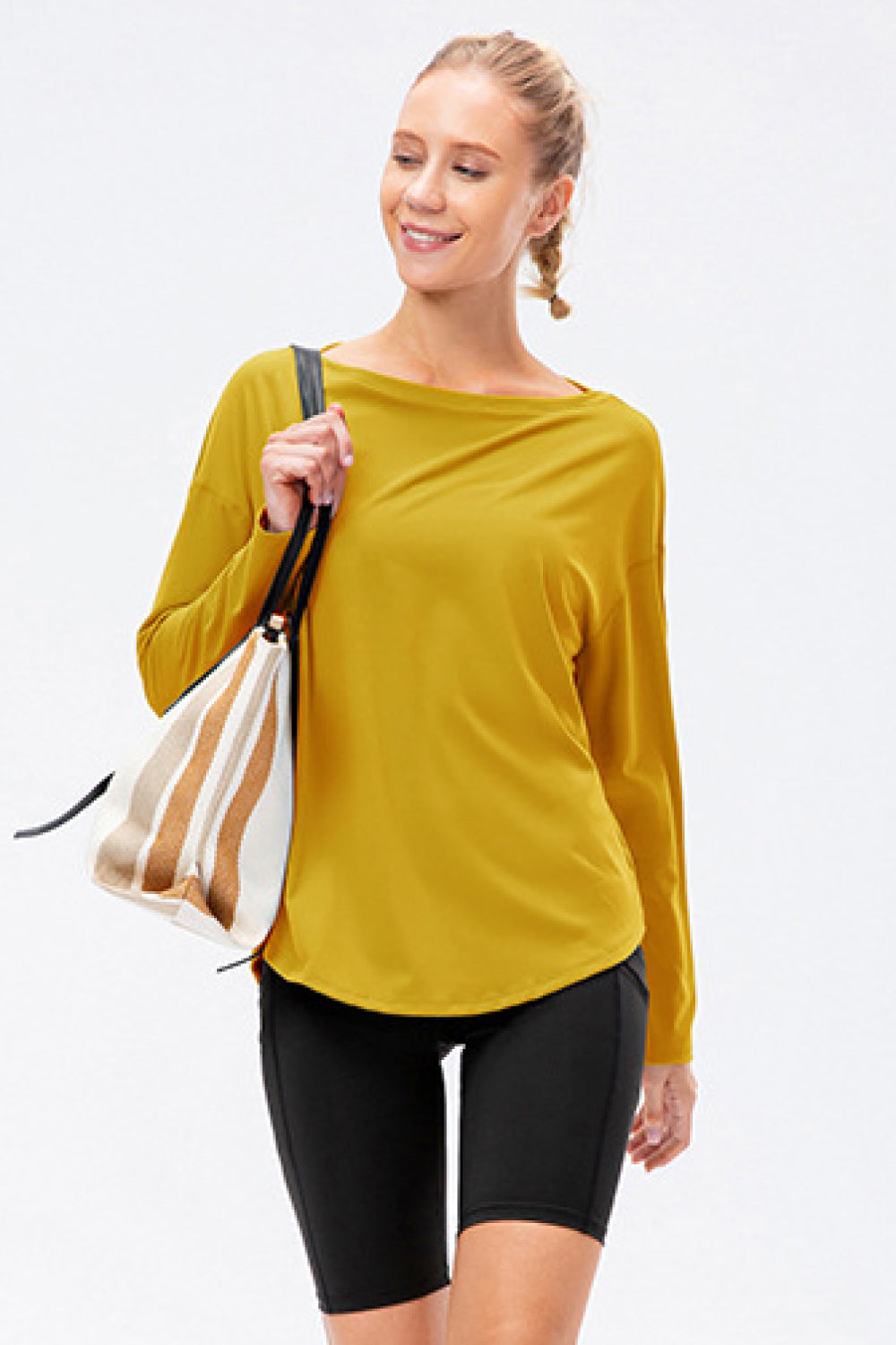 Exposed Seam Boat Neck Long Sleeve Yoga Tee