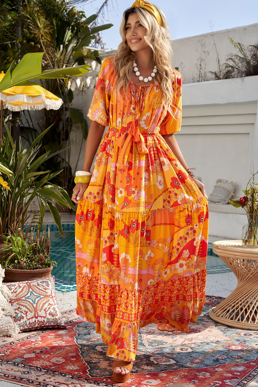 Bohemian Tie-Waist Tiered Maxi Dress - 99fab 