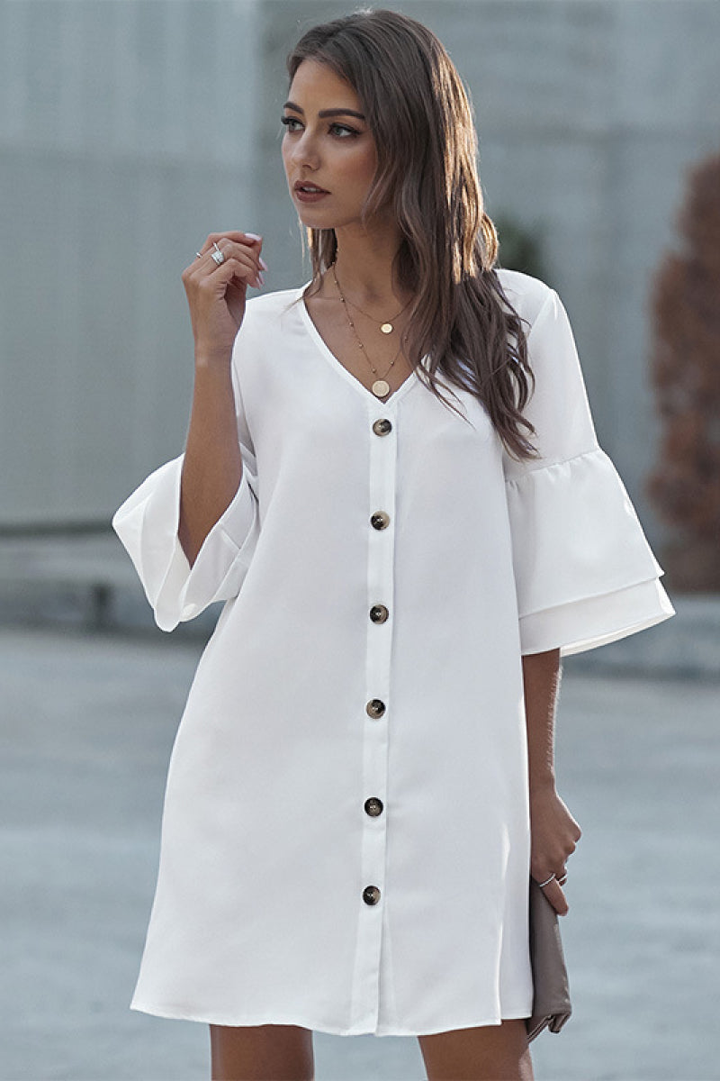 Buttoned Bell Sleeve Shirt Dress - 99fab 