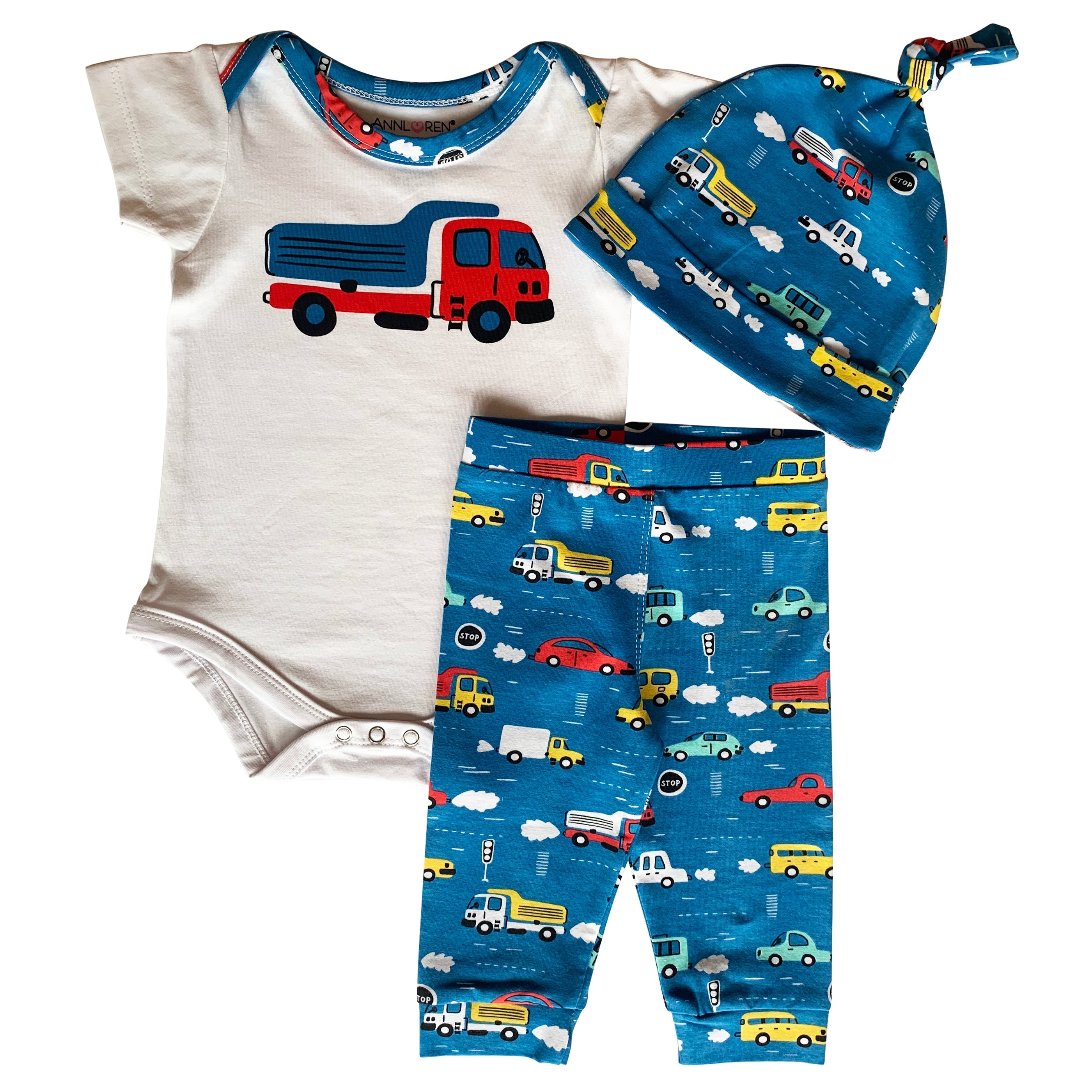 Baby Boys Layette Cars Trucks Onesie Pants Cap 3pc Gift Set Clothing