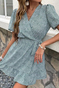 Printed Tie-Waist Puff Sleeve Dress