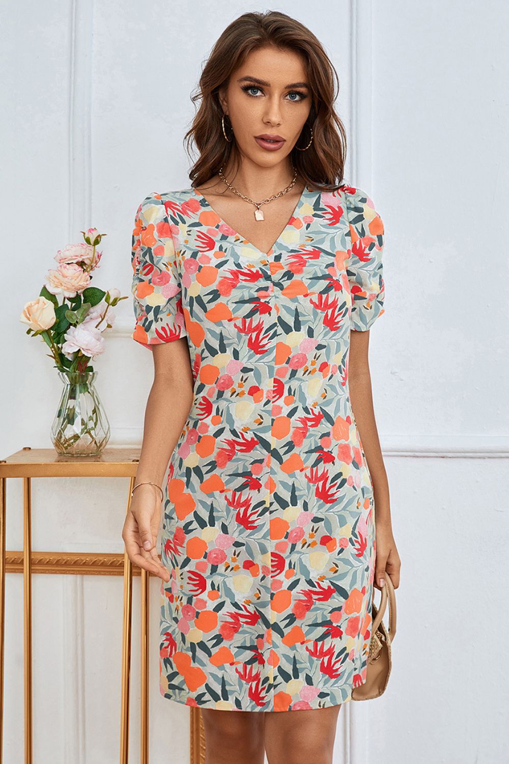 Floral Puff Sleeve V-Neck Seam Detail Dress