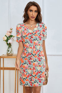 Floral Puff Sleeve V-Neck Seam Detail Dress