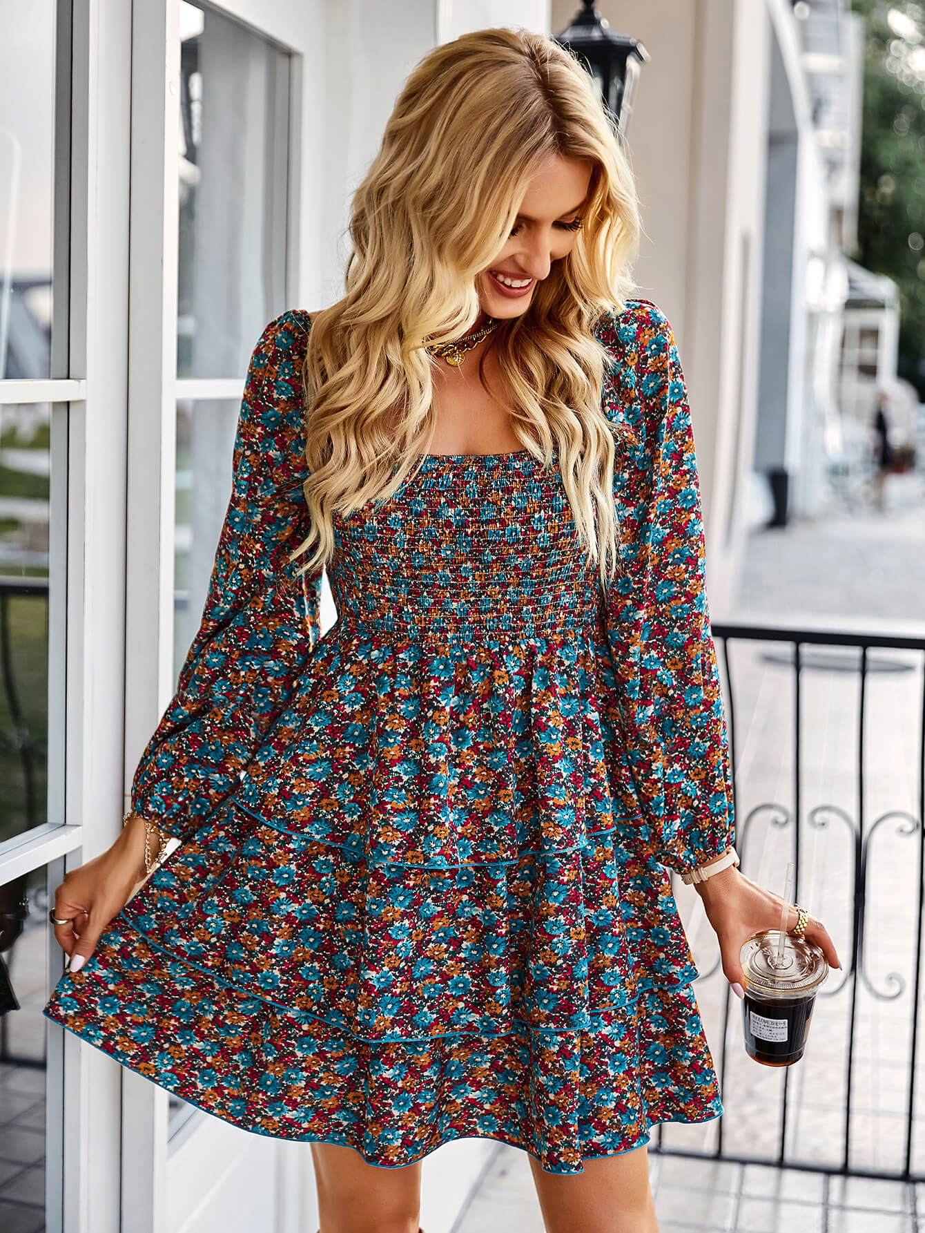 Ditsy Floral Smocked Square Neck Layered Mini Dress