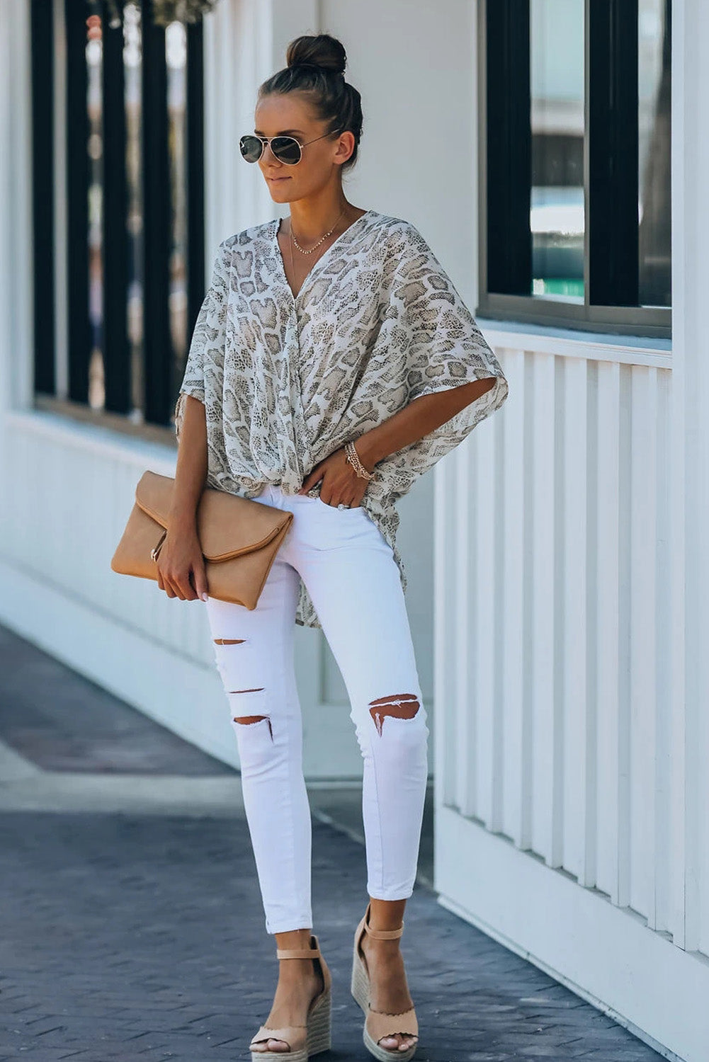 Animal Print Draped Sleeves Top