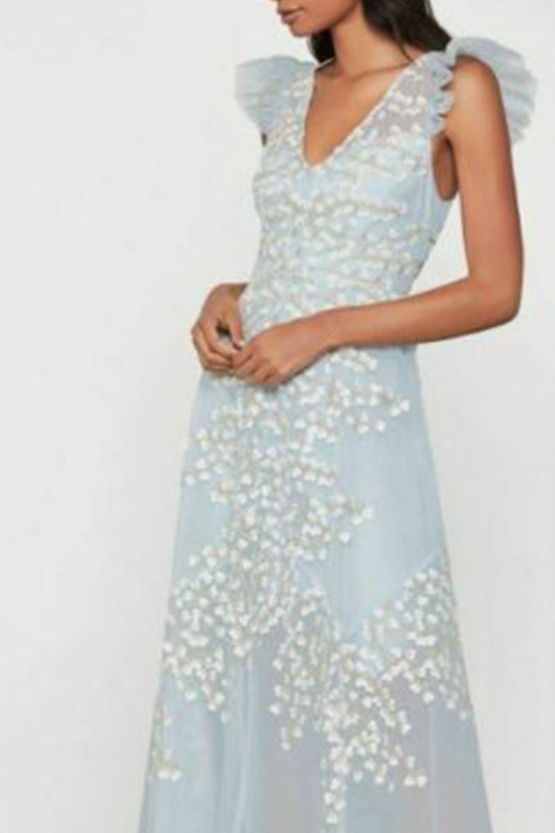 Embroidered Tulle Ruffle Dress