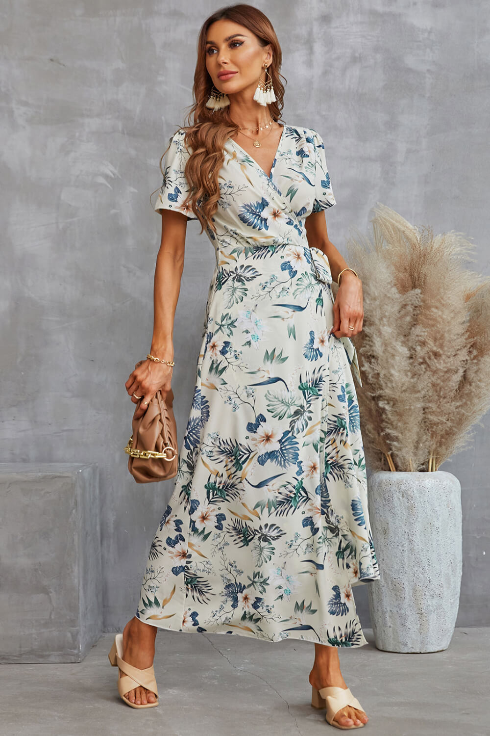 Floral Split Short Sleeve Maxi Dress