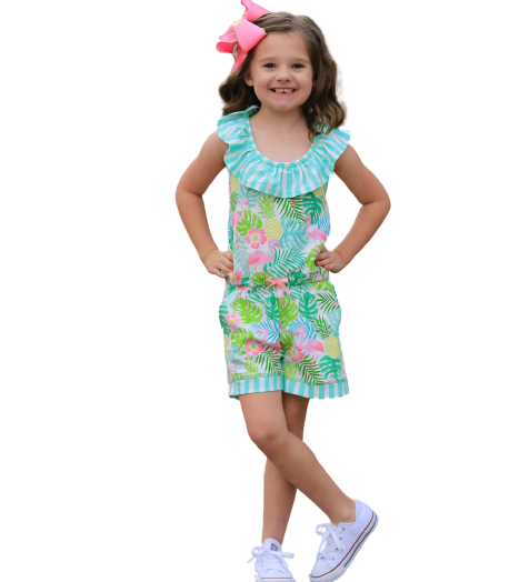 Little & Big Girls Pink Flamingo Palm Tree Kids Shorts Jumpsuit