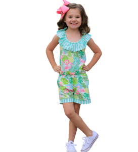 Little & Big Girls Pink Flamingo Palm Tree Kids Shorts Jumpsuit