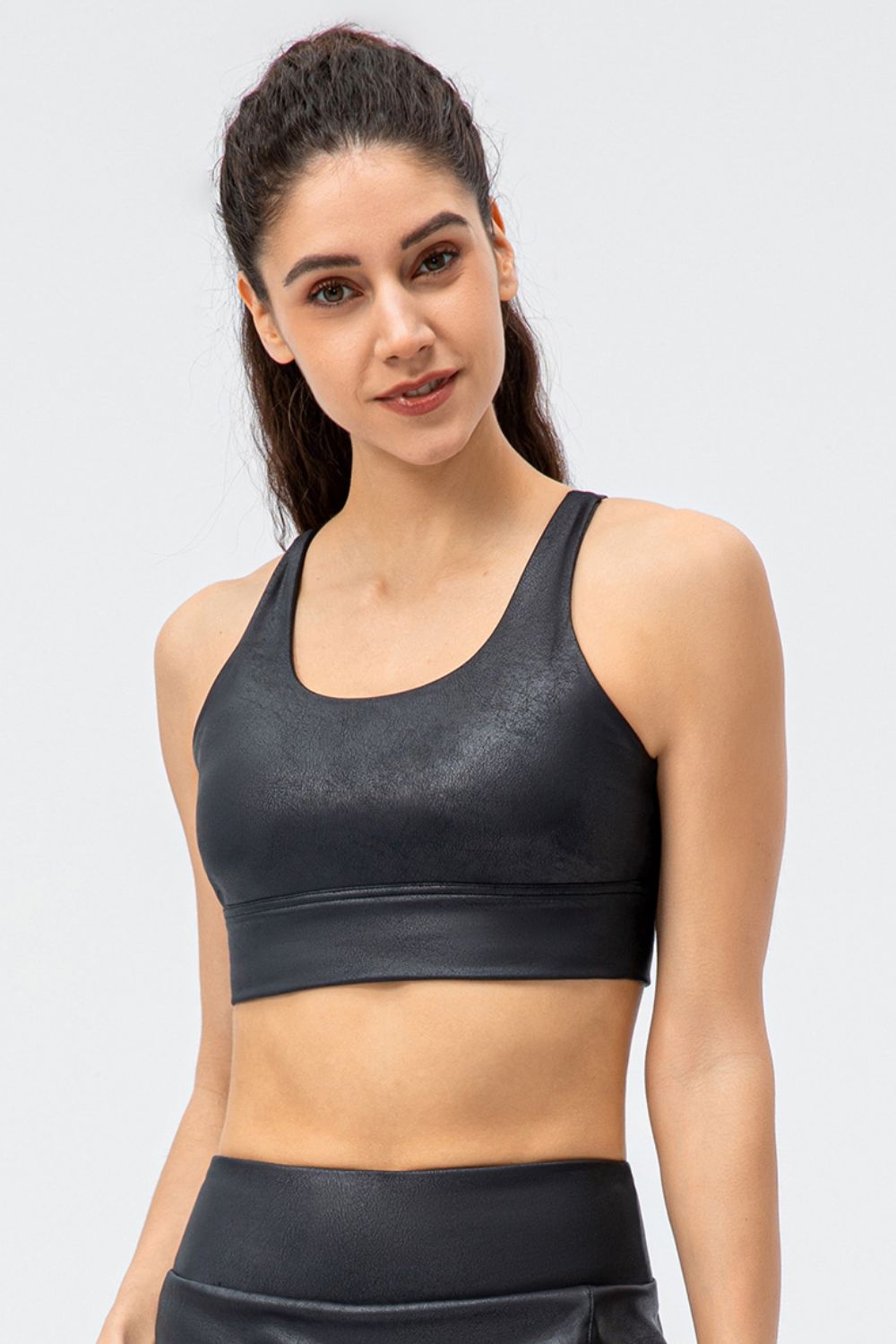 Faux Leather Double Crisscross Strap Sports Bra - 99fab 