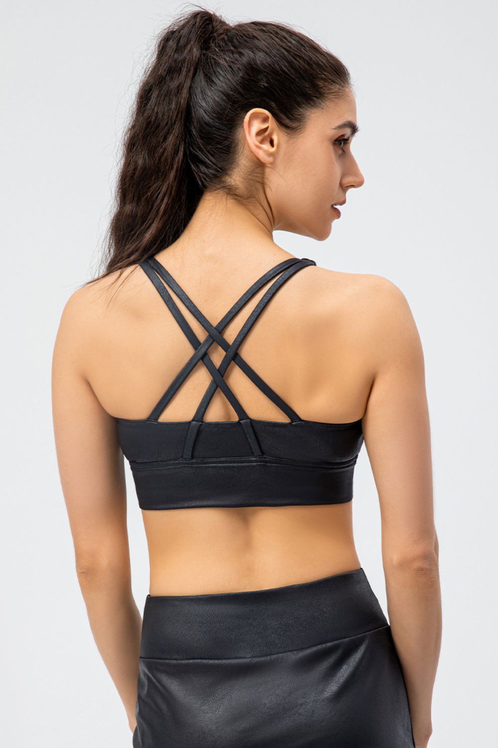 Faux Leather Double Crisscross Strap Sports Bra