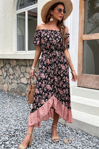 Mixed Print Button Front Off-Shoulder Tulip Hem Dress