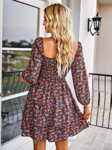 Ditsy Floral Smocked Square Neck Layered Mini Dress