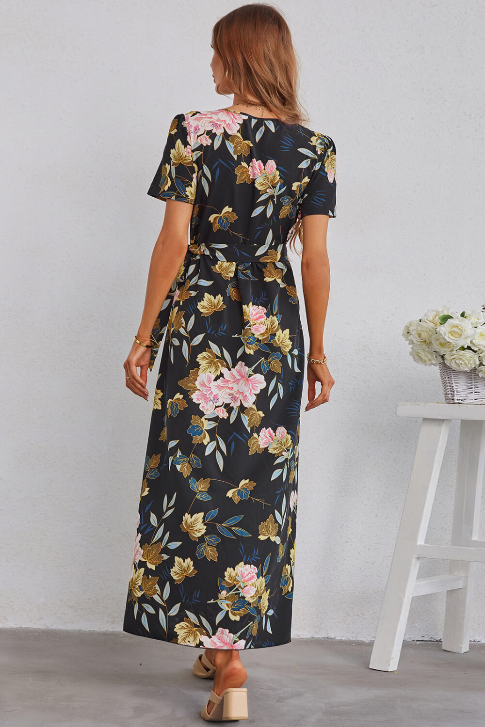 Floral Split Short Sleeve Maxi Dress