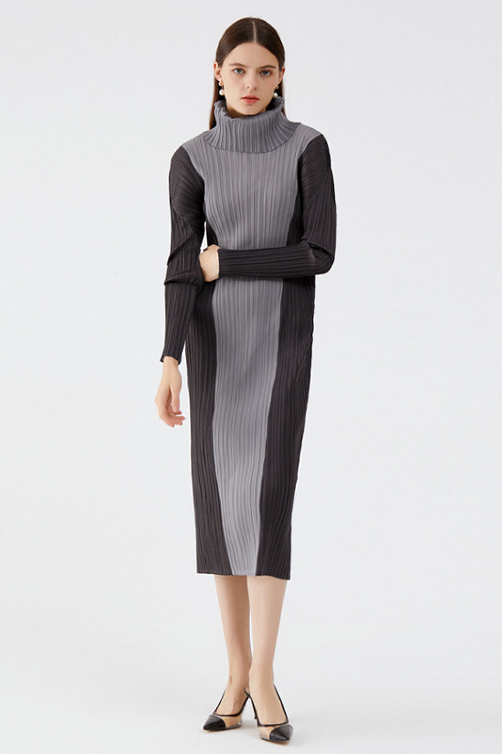 Color Block Accordion Pleated Turtleneck Dress - 99fab 