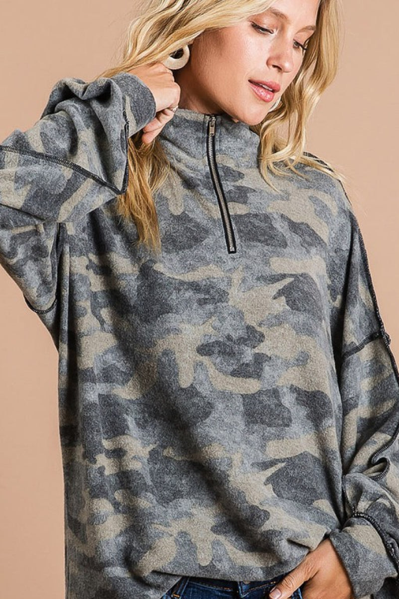 Neck Zip Camo Top