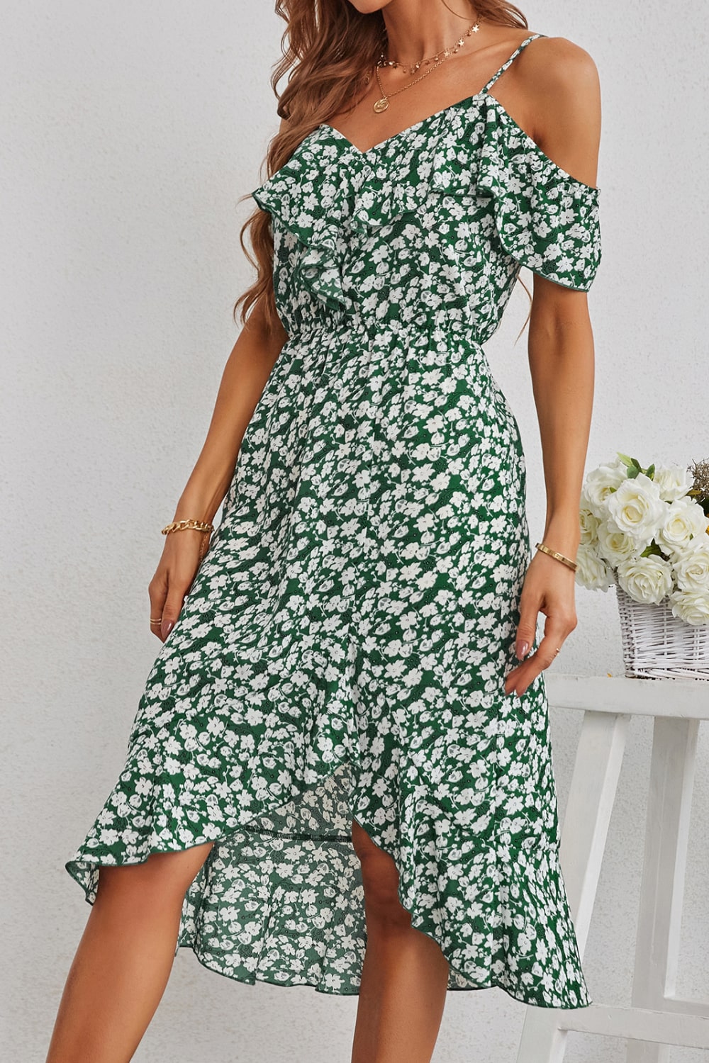 Ditsy Floral Cold Shoulder Ruffled Dress