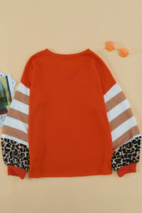 Graphic Striped Leopard Lantern Sleeve Waffle-Knit Top