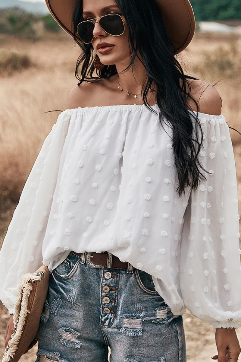 Off Shoulder Embroidered Polka Dot Top - 99fab 