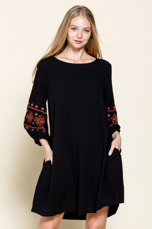 Embroidered Long Sleeve Dress - 99fab 