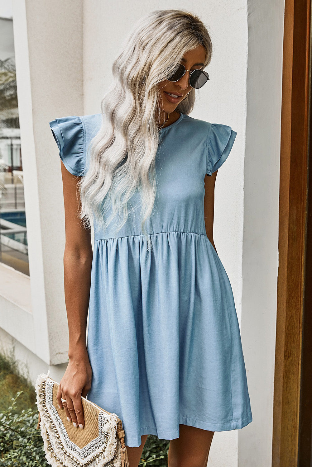 Flutter Sleeve Ruched Dress