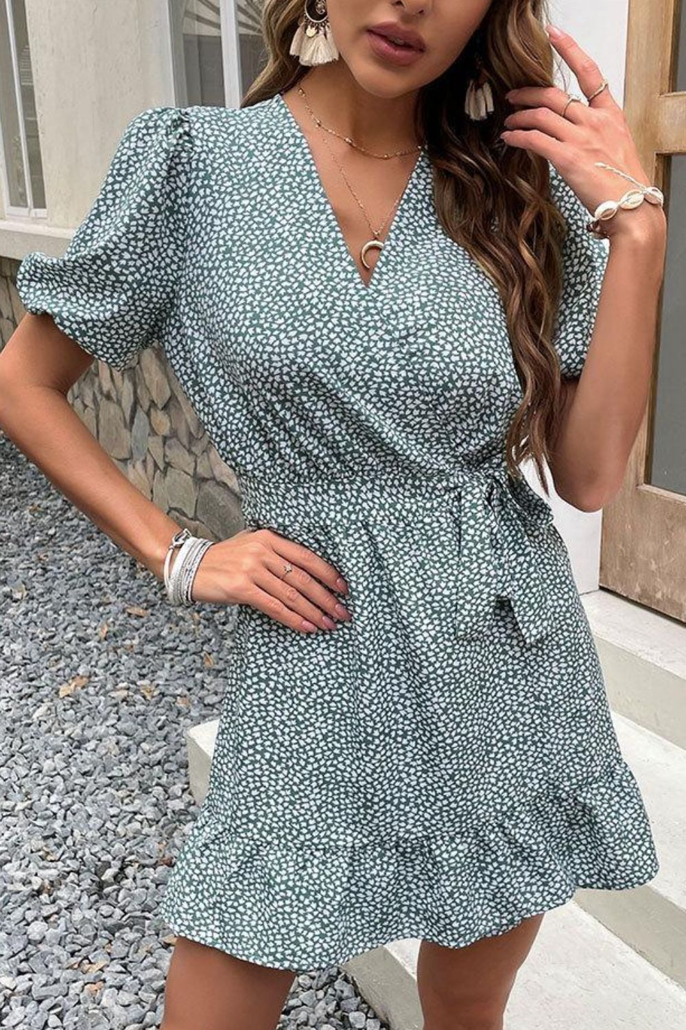 Printed Tie-Waist Puff Sleeve Dress