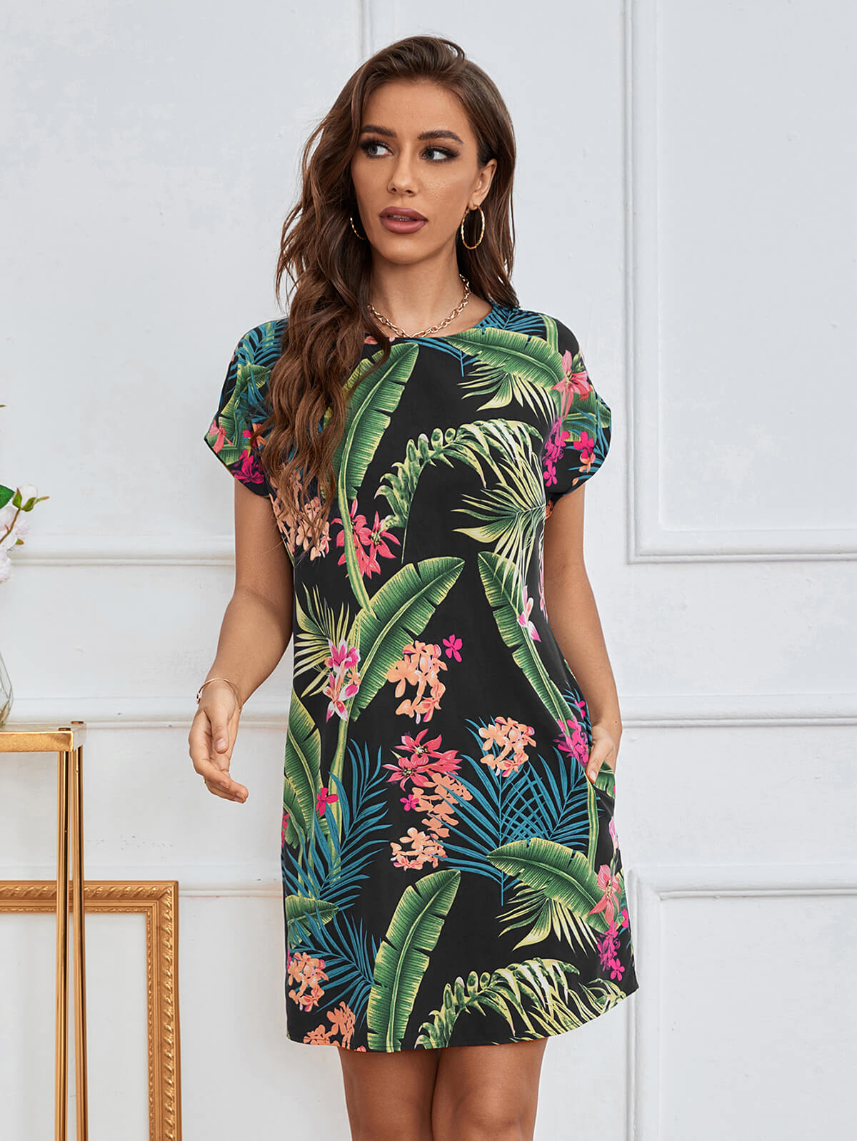 Floral Cuffed Short Sleeve Shift Dress